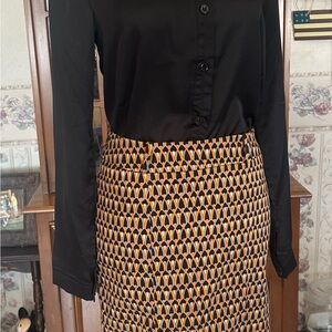 Black Satin Button Down and Geometric Patterned Skirt